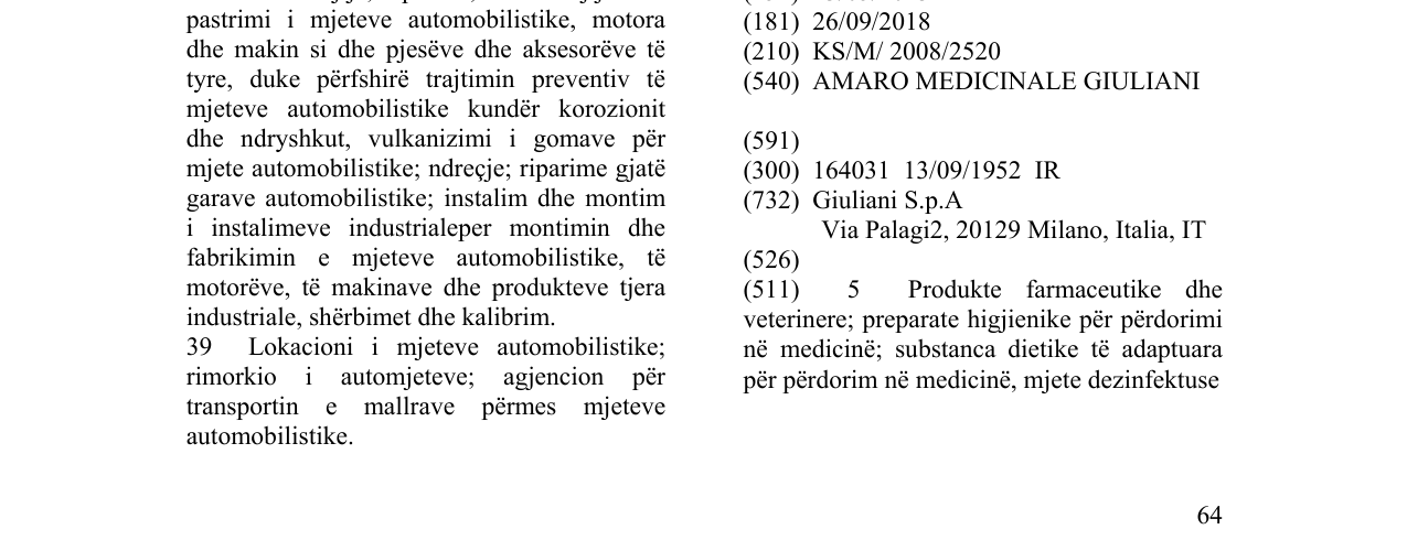 Zëri i markës AMARO MEDICINALE GIULIANI në buletin