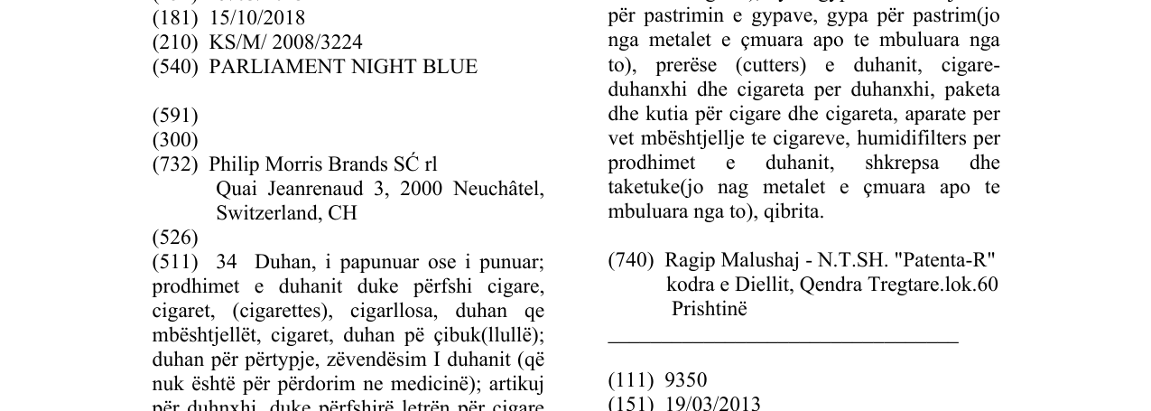 Zëri i markës PARLIAMENT NIGHT BLUE në buletin