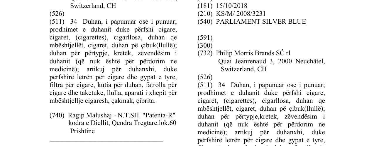 Zëri i markës PARLIAMENT SILVER BLUE në buletin
