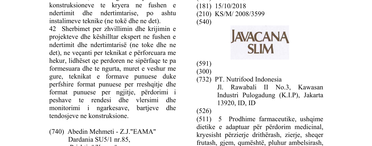 Zëri i markës JAVACANA SLIM në buletin