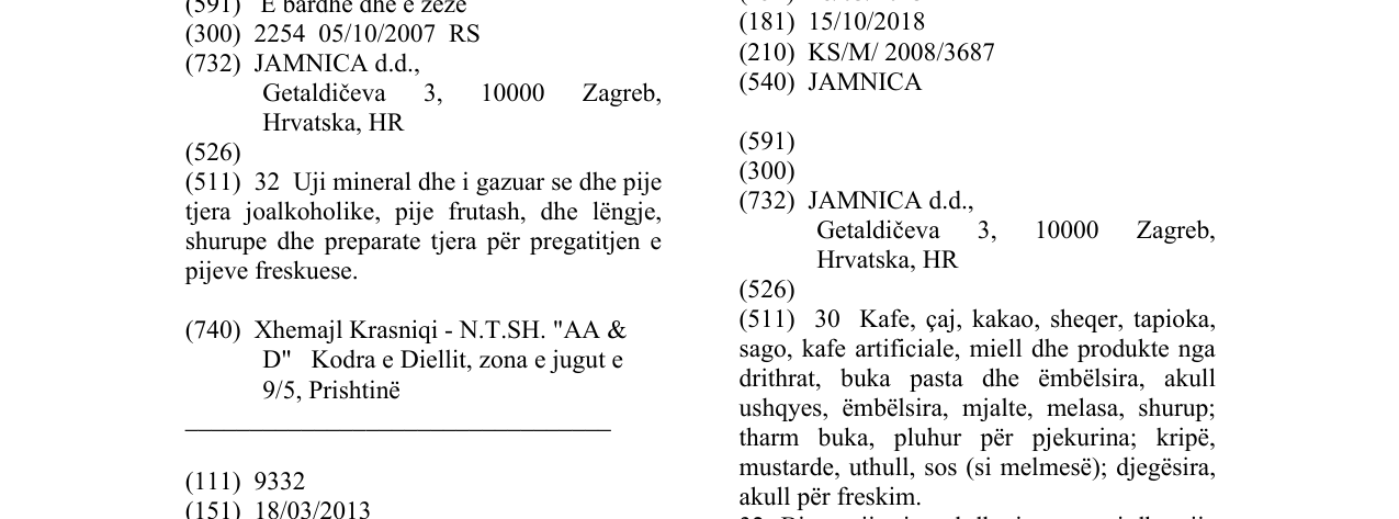 Zëri i markës JAMNICA në buletin