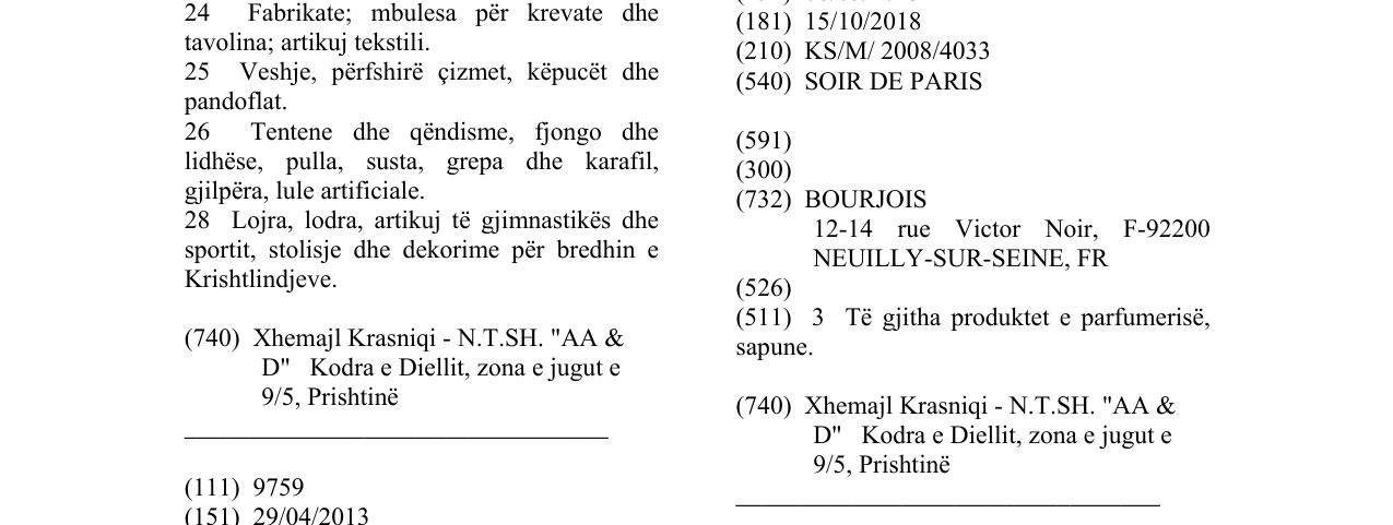 Zëri i markës SOIR DE PARIS në buletin