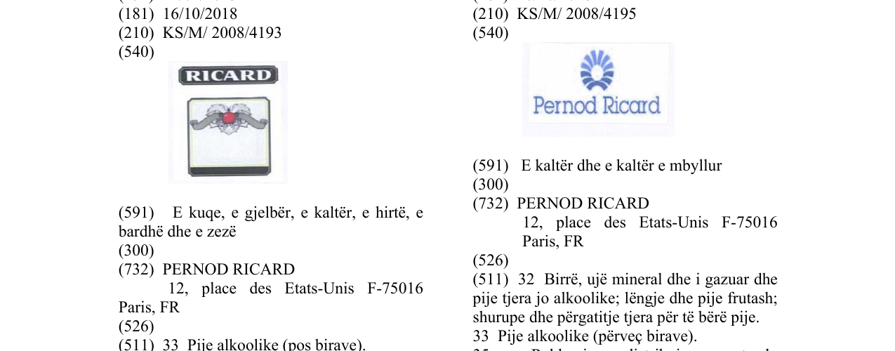 Zëri i markës RICARD në buletin