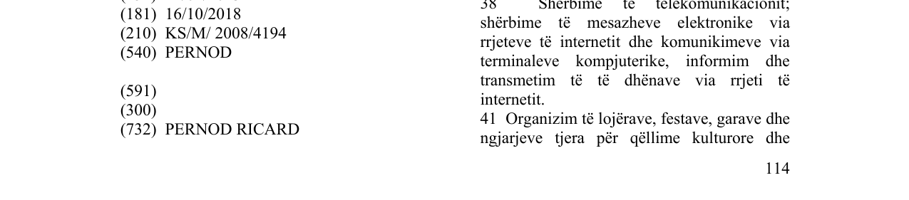 Zëri i markës PERNOD në buletin