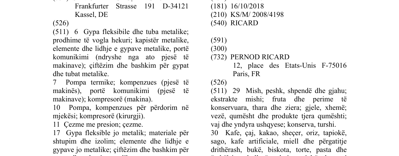 Zëri i markës RICARD në buletin