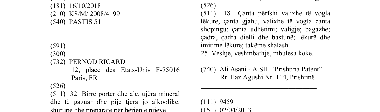 Zëri i markës PASTIS 51 në buletin