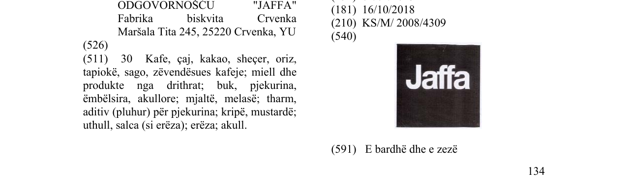 Zëri i markës Jaffa në buletin
