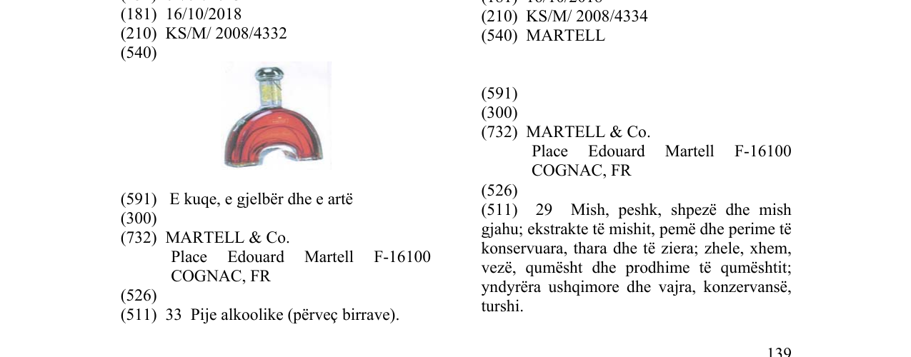 Zëri i markës BOTTLE MARTELL në buletin