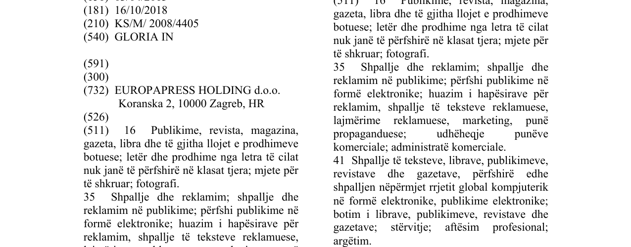 Zëri i markës GLORIA IN në buletin