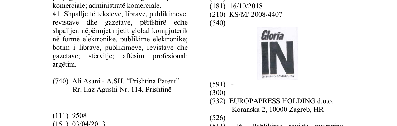 Zëri i markës Gloria IN në buletin