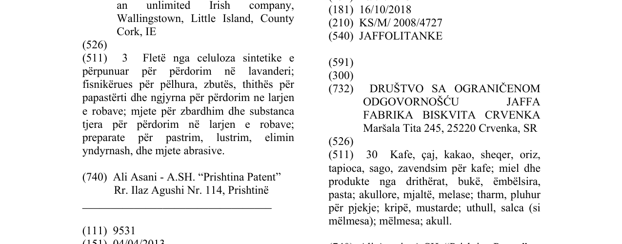 Zëri i markës JAFFOLITANKE në buletin