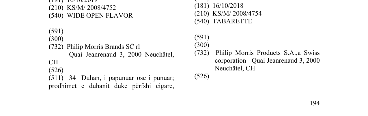 Zëri i markës TABARETTE në buletin