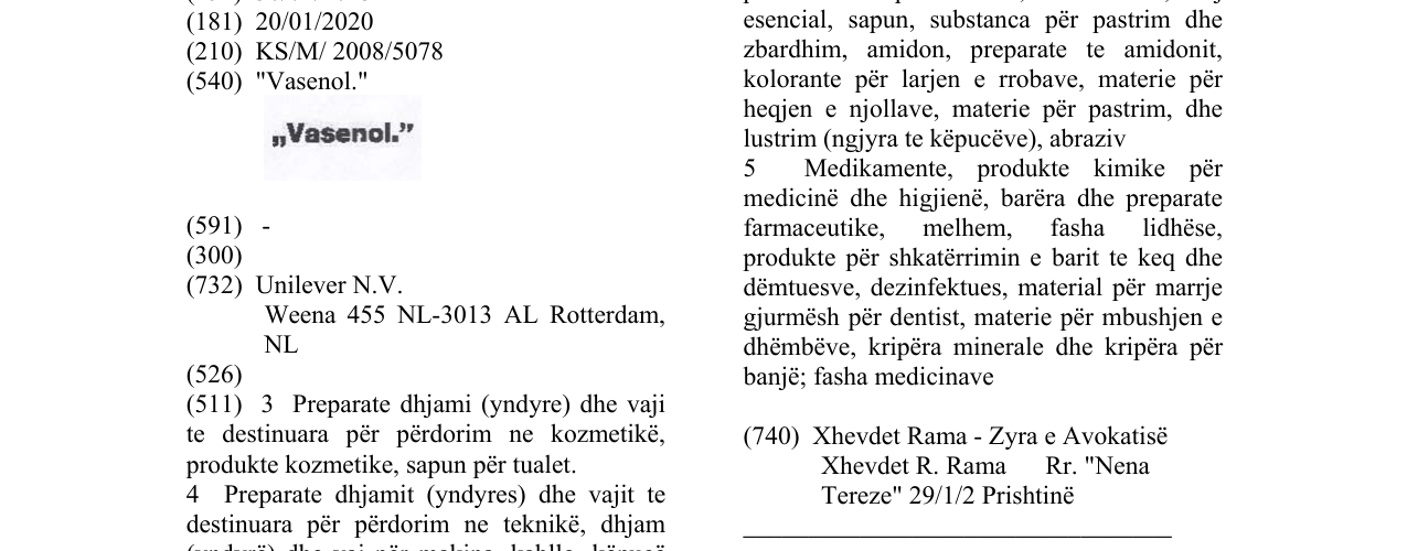 Zëri i markës "Vasenol." në buletin