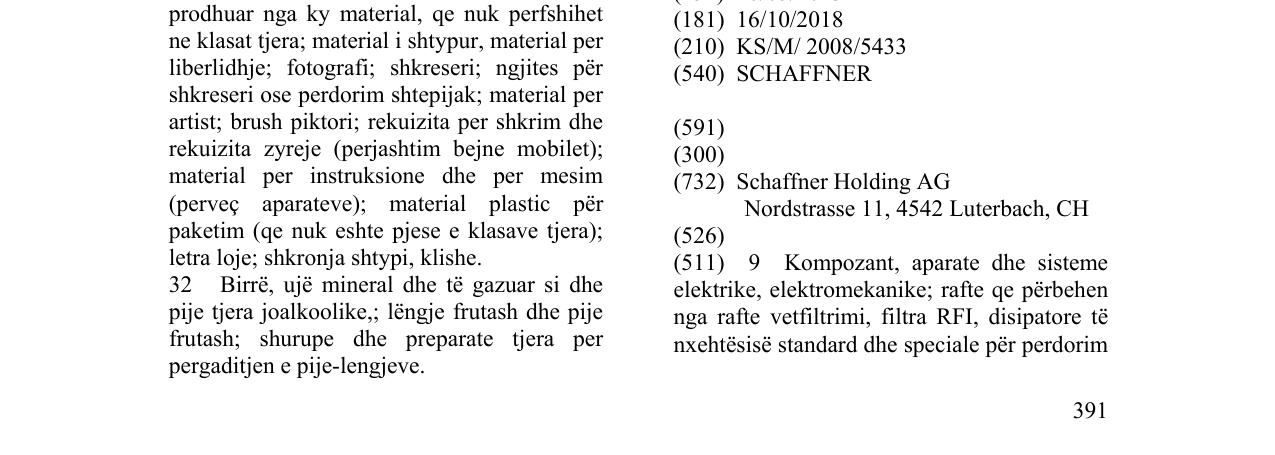 Zëri i markës SCHAFFNER në buletin