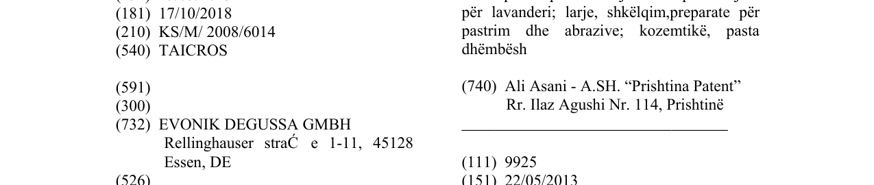 The entry of the trademark TAICROS in the bulletin