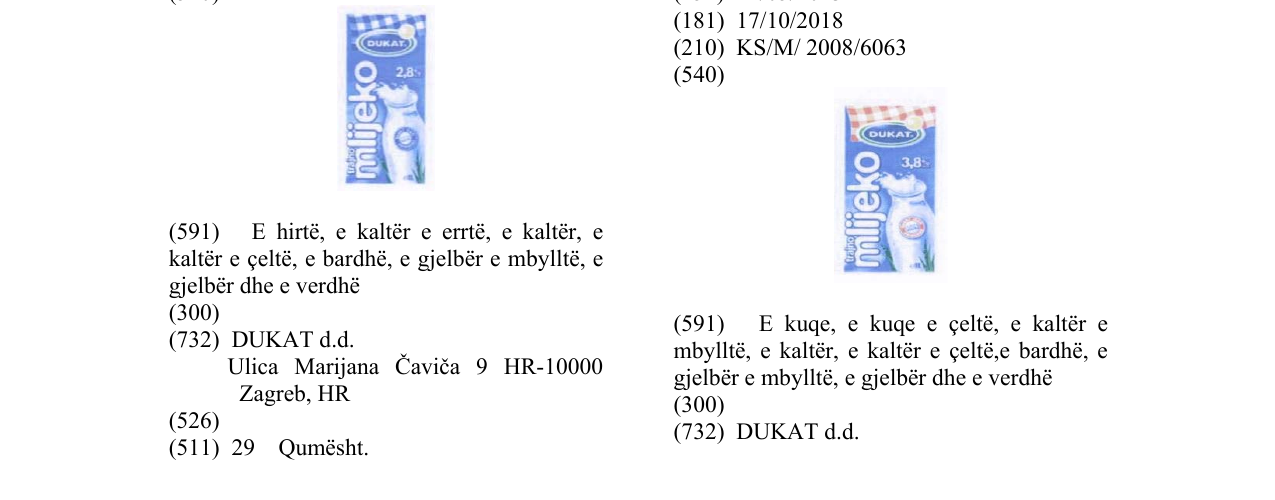 Zëri i markës MLIJEKO DUKAT në buletin