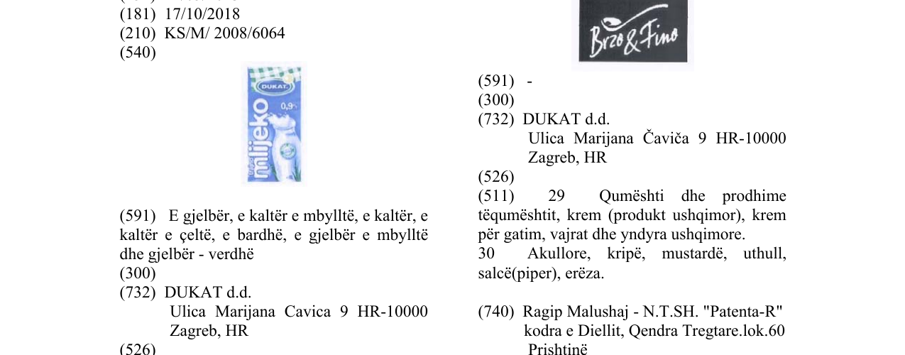 Zëri i markës MLIJEKO DUKAT në buletin
