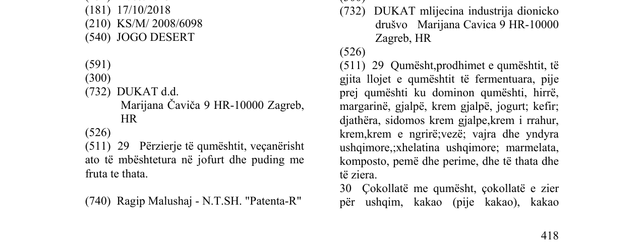 Zëri i markës JOGO DESERT në buletin
