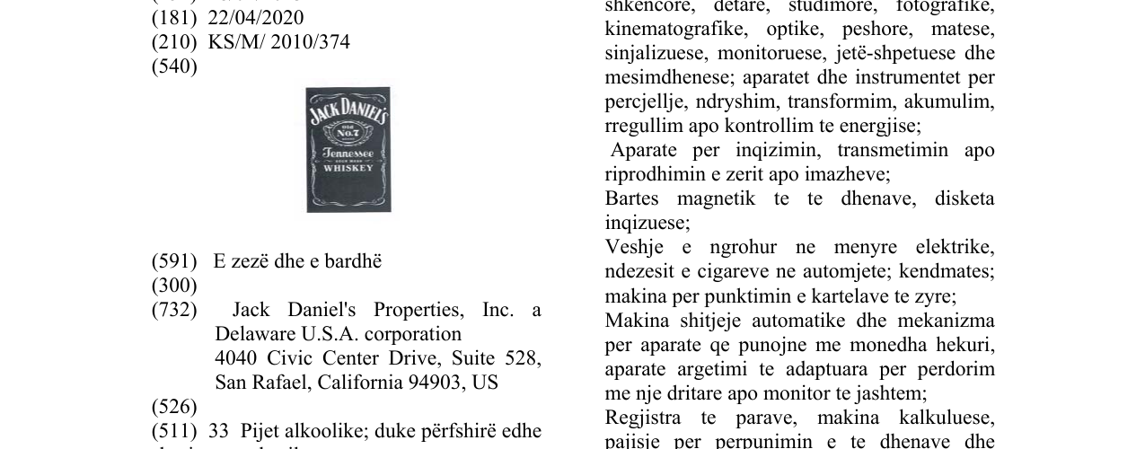 Zëri i markës JACK DANIEL'S në buletin