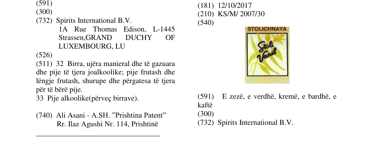 The entry of the trademark STOLI VANIL in the bulletin