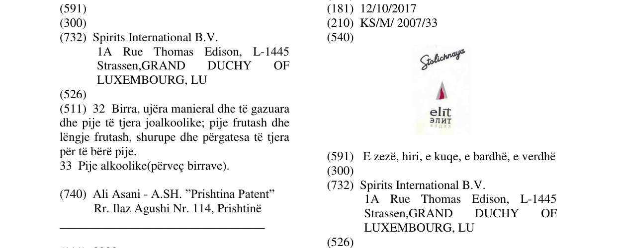 Zëri i markës STOLICHNAYA ELIT në buletin