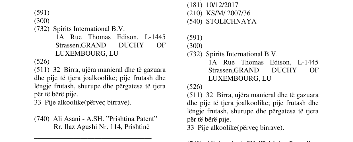 Zëri i markës STOLICHNAYA në buletin