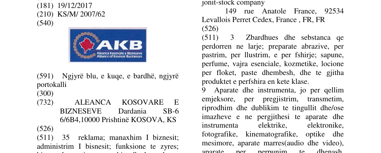 Zëri i markës AKB ALEANCA KOSOVARE E BIZNESEVE në buletin