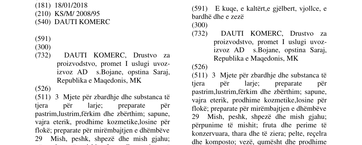 Zëri i markës DAUTI KOMERC në buletin