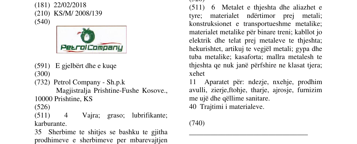 Zëri i markës PETROL COMPANY në buletin
