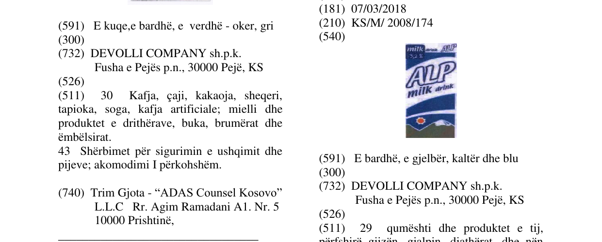 Zëri i markës ALP MILK DRINK në buletin