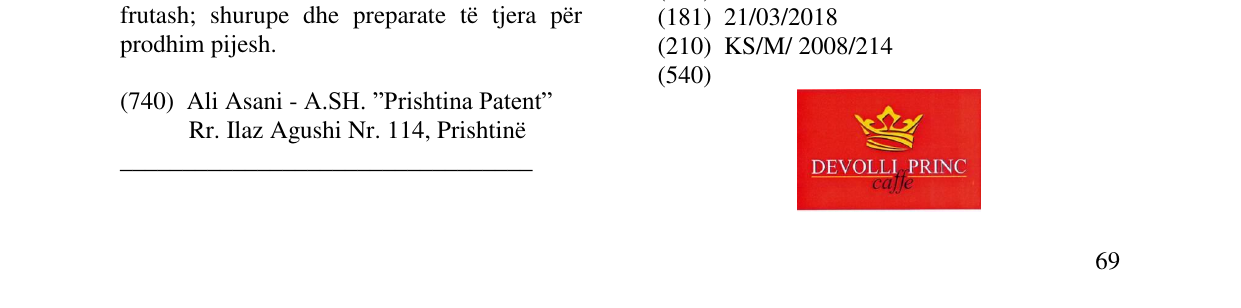 Zëri i markës DEVOLLI PRINC në buletin