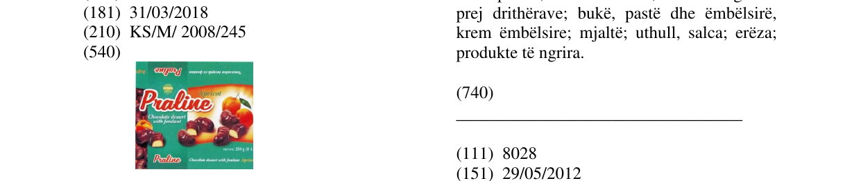 Zëri i markës PRALINE në buletin