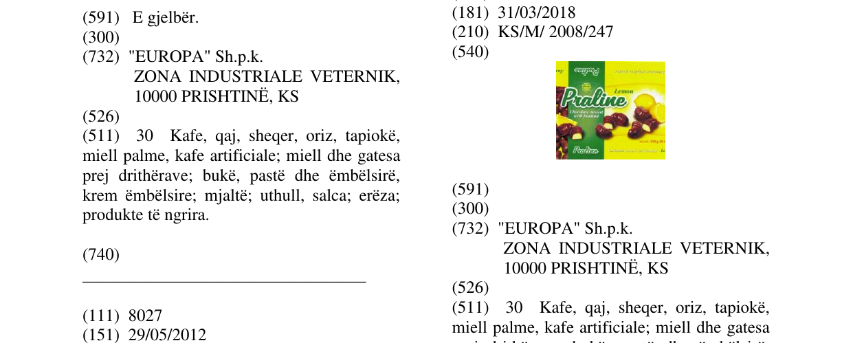 Zëri i markës PRALINE në buletin