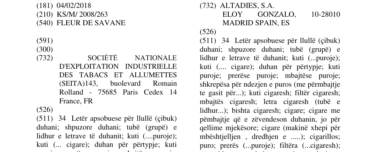 Zëri i markës FLEUR DE SAVANE në buletin