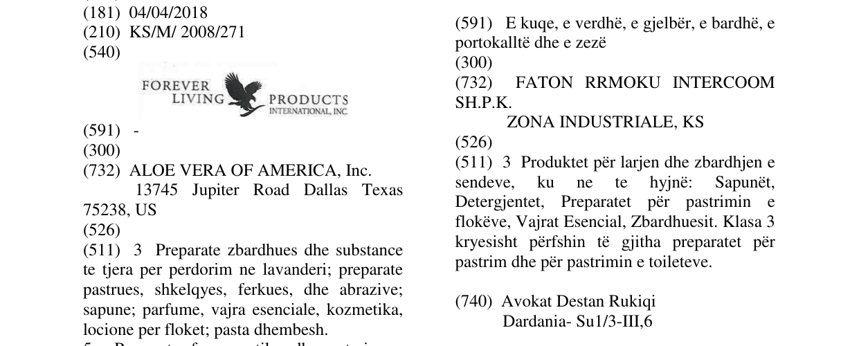 Zëri i markës FOREVER LIVING PRODUCTS INTERNATIONAL, INC. në buletin
