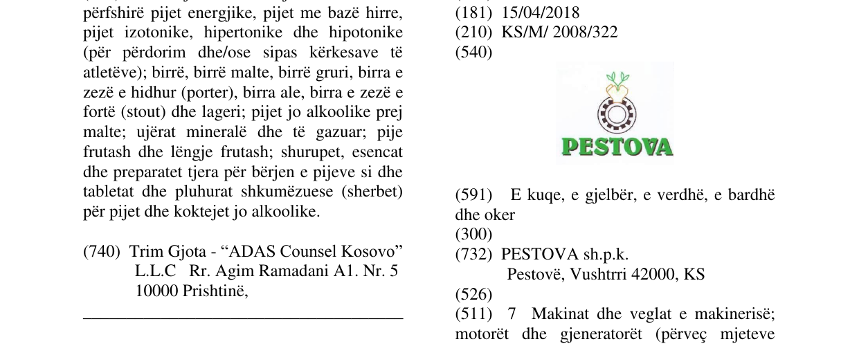Zëri i markës PESTOVA në buletin