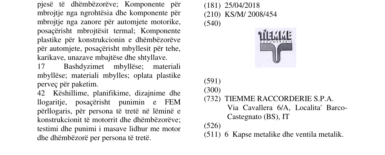 Zëri i markës TIEMME RACCORDERIE në buletin