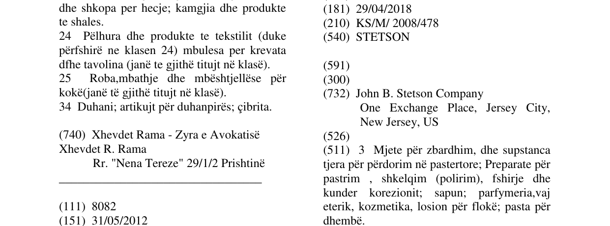 Zëri i markës STETSON në buletin