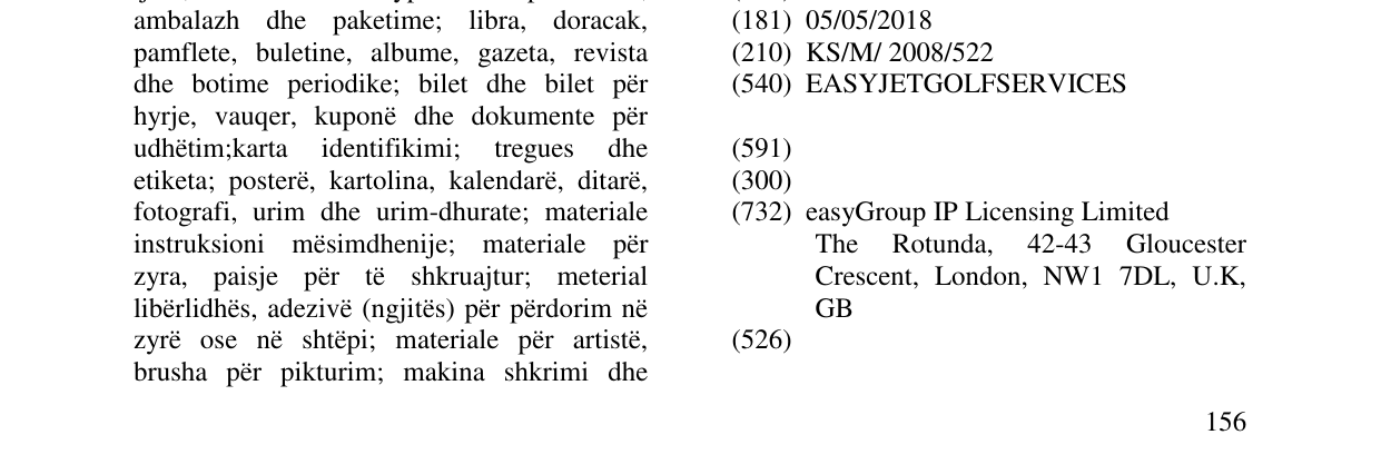 Zëri i markës EASYJETGOLFSERVICES në buletin