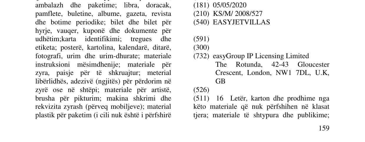 Zëri i markës EASYJETVILLAS në buletin