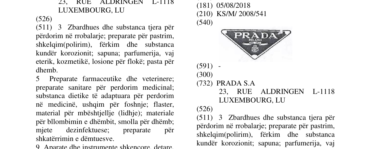 Zëri i markës PRADA MILANO në buletin