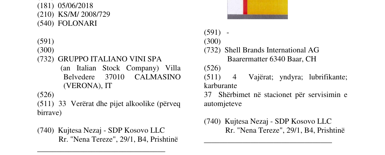 Zëri i markës FOLONARI në buletin