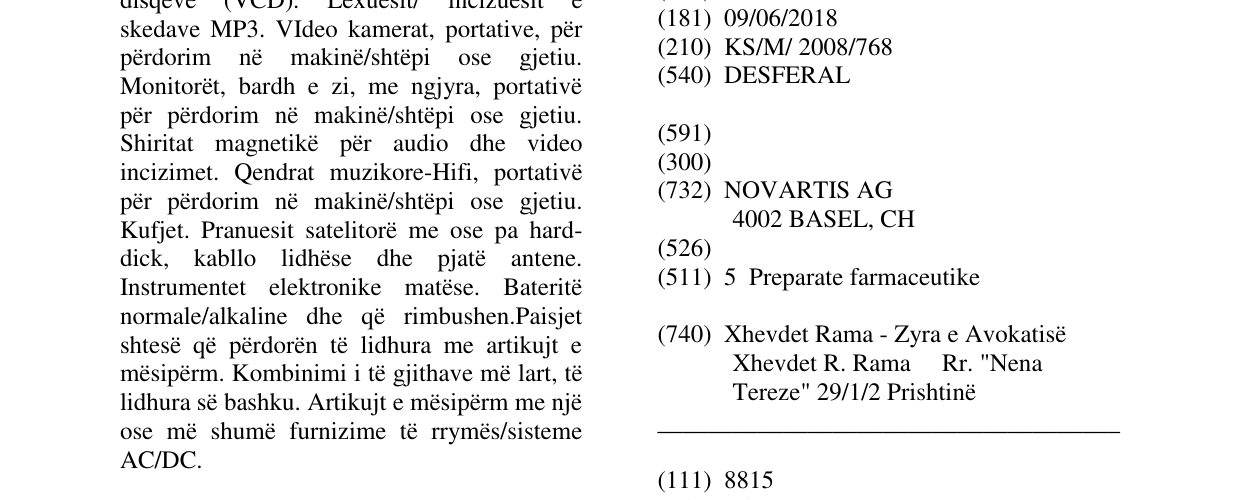 Zëri i markës DESFERAL në buletin