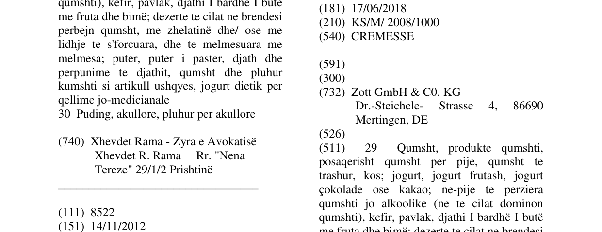Zëri i markës CREMESSE në buletin