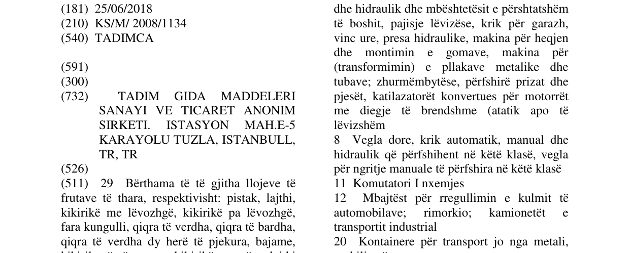 Zëri i markës TADIMCA në buletin
