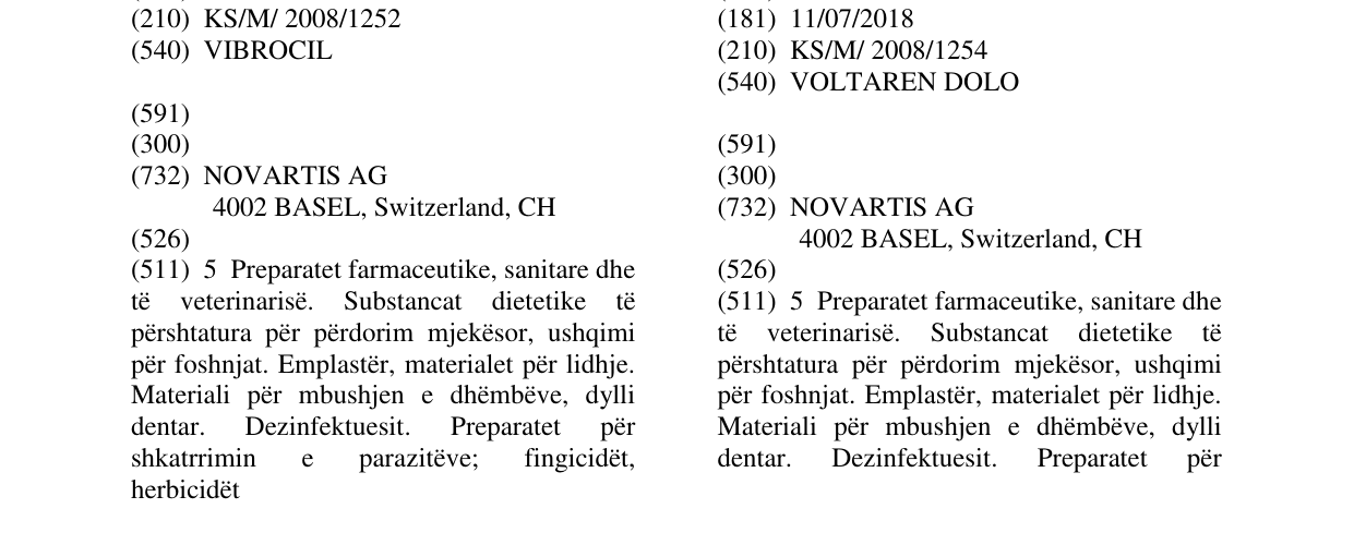 Zëri i markës VOLTAREN DOLO në buletin