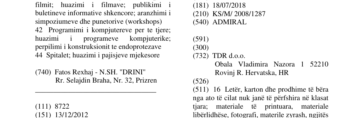 Zëri i markës ADMIRAL në buletin
