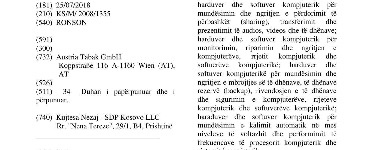 Zëri i markës RONSON në buletin