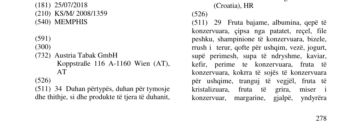 The entry of the trademark MEMPHIS in the bulletin