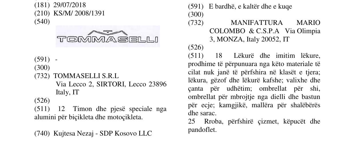 Zëri i markës TOMMASELLI fig. në buletin